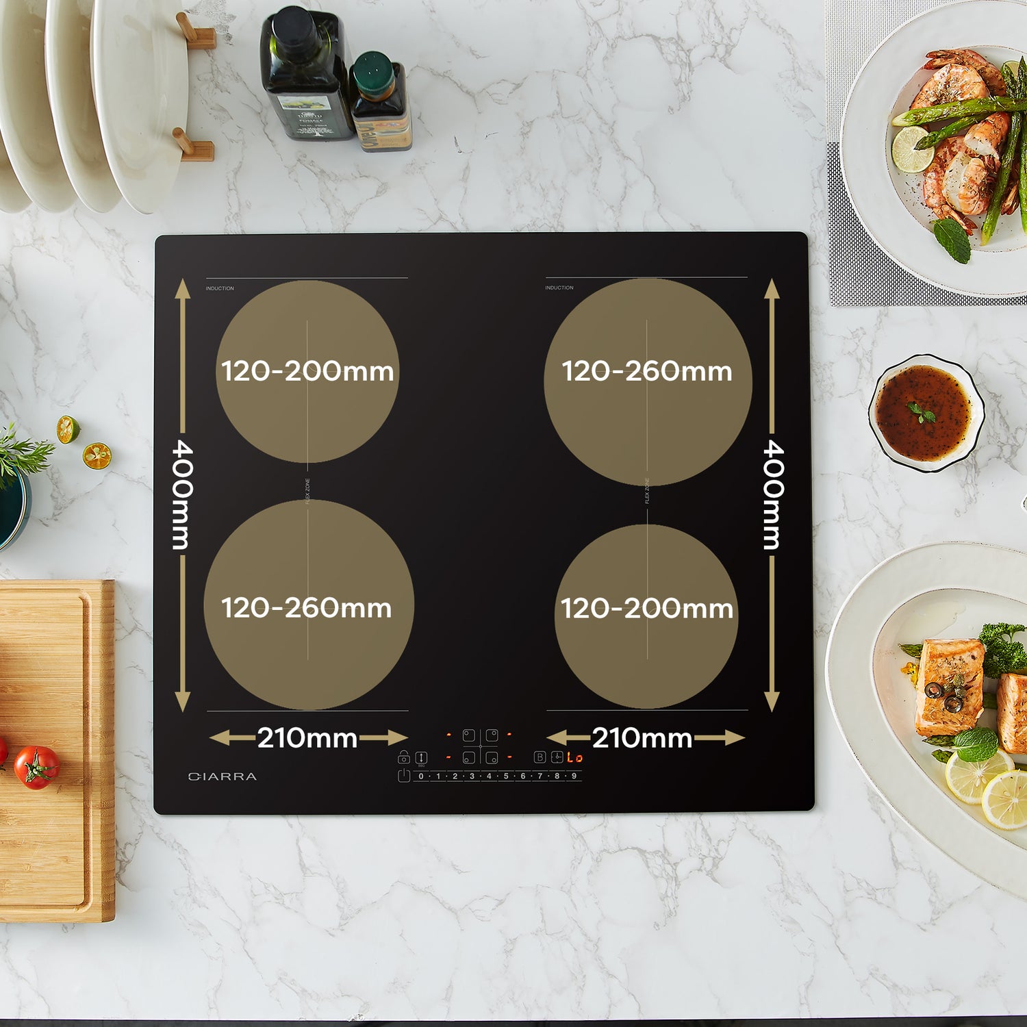 CIARRA Piano cottura a induzione da incasso a 4 zone con Boost e FlexZone CBBIH4BFF-OW