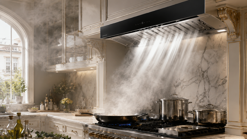 Cappa da cucina ad alto tasso di estrazione per cotture intense con aspiratore per cappa cucina potente.