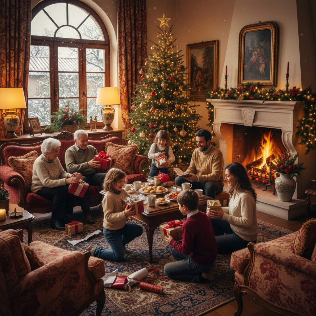 意大利家庭聚会互相送礼，冬日温暖氛围，方形图1:1高清输出
