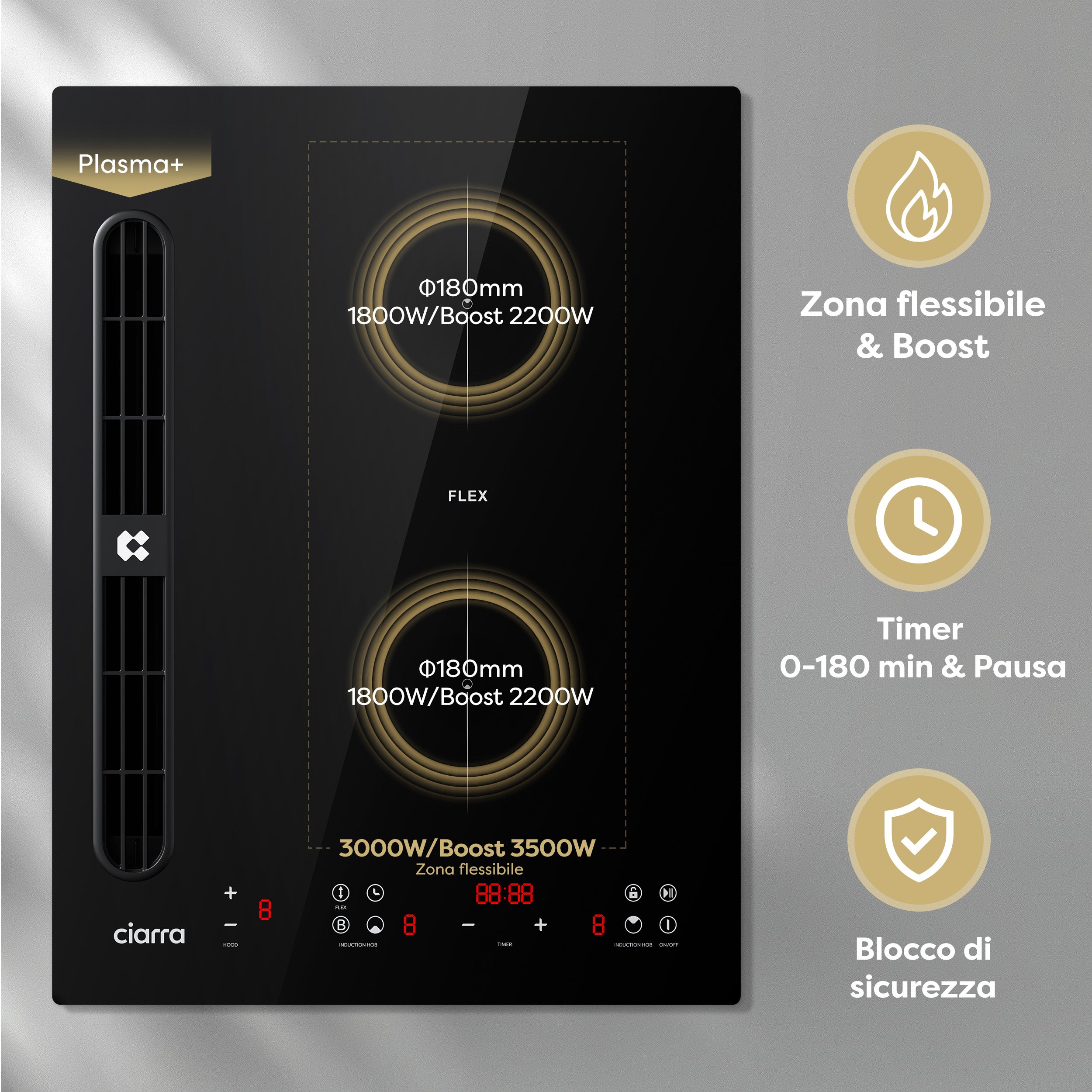 Ciarra ONE Piano ad Induzione con Cappa Integrata Domino 390 mm con Sistema Plasma⁺ Integrato CBBEH392BF-OW