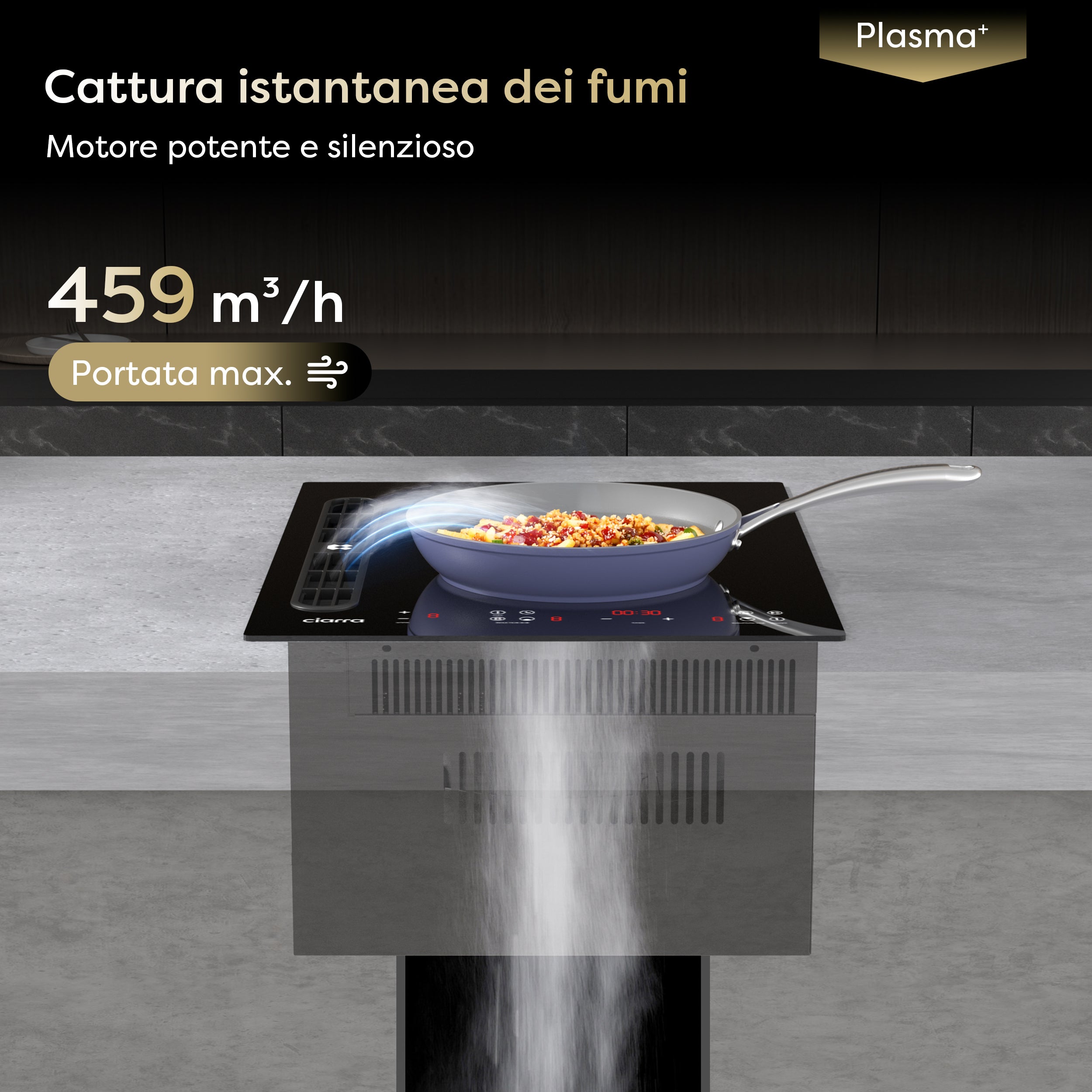 Ciarra ONE Piano ad Induzione con Cappa Integrata Domino 390 mm con Sistema Plasma⁺ Integrato CBBEH392BF-OW