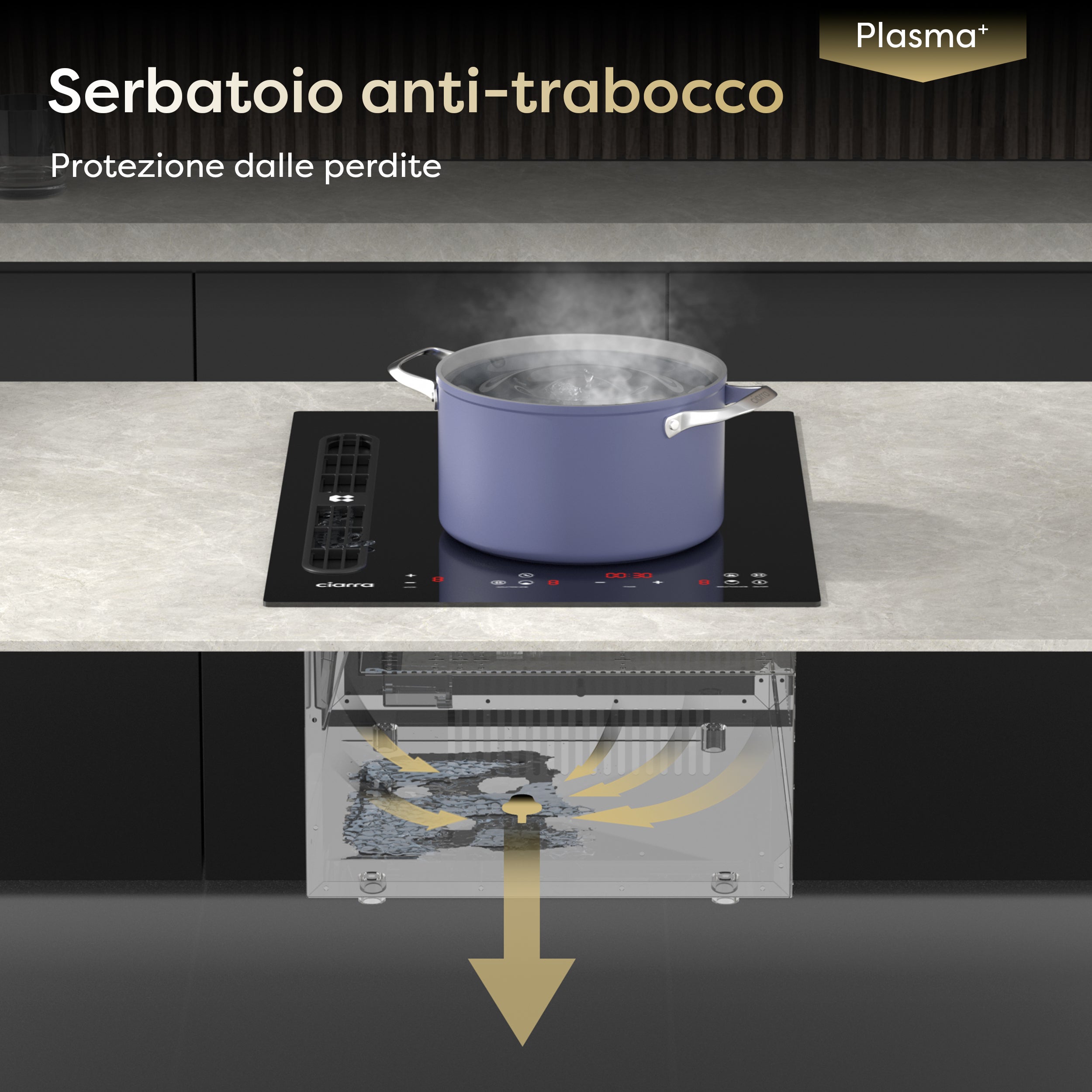Ciarra ONE Piano ad Induzione con Cappa Integrata Domino 390 mm con Sistema Plasma⁺ Integrato CBBEH392B-OW