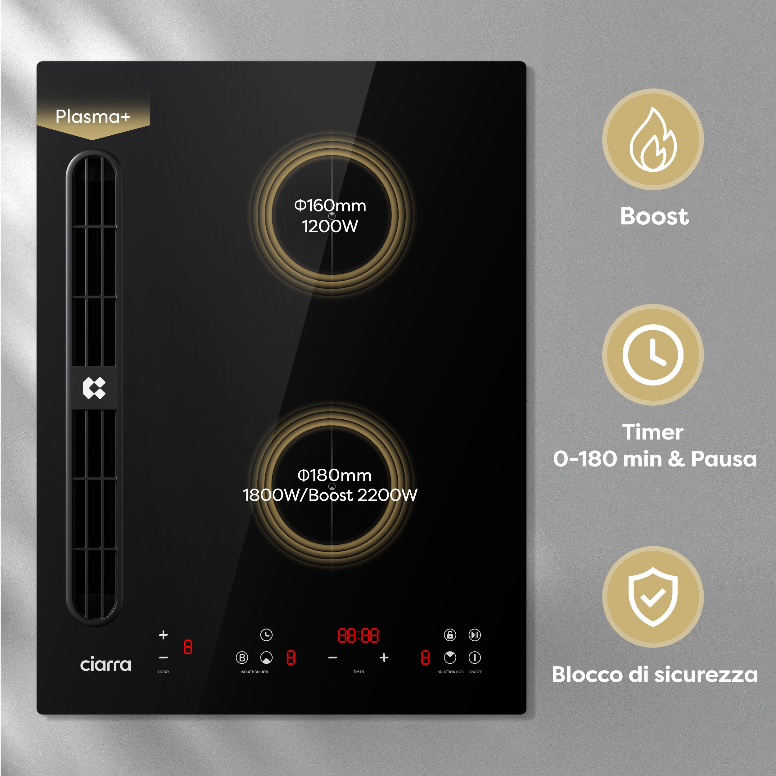 Ciarra ONE Piano ad Induzione con Cappa Integrata Domino 390 mm con Sistema Plasma⁺ Integrato CBBEH392B-OW