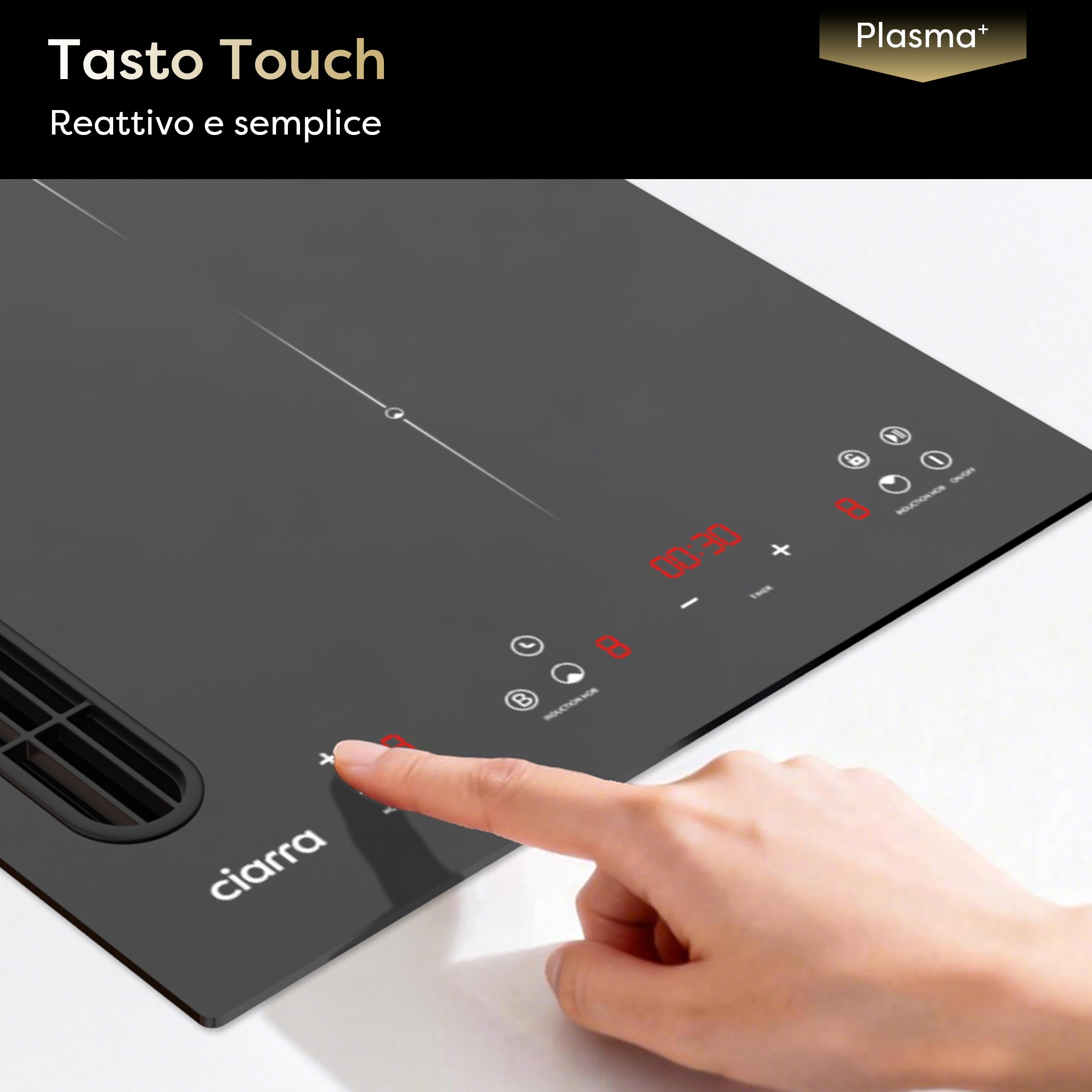 Ciarra ONE Piano ad Induzione con Cappa Integrata Domino 390 mm con Sistema Plasma⁺ Integrato CBBEH392B-OW