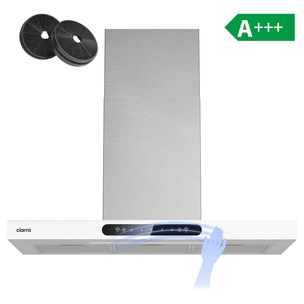 CIARRA cappa parete 90 cm in vetro bianco e acciaio inox, controllo gestuale CBCW9102-W