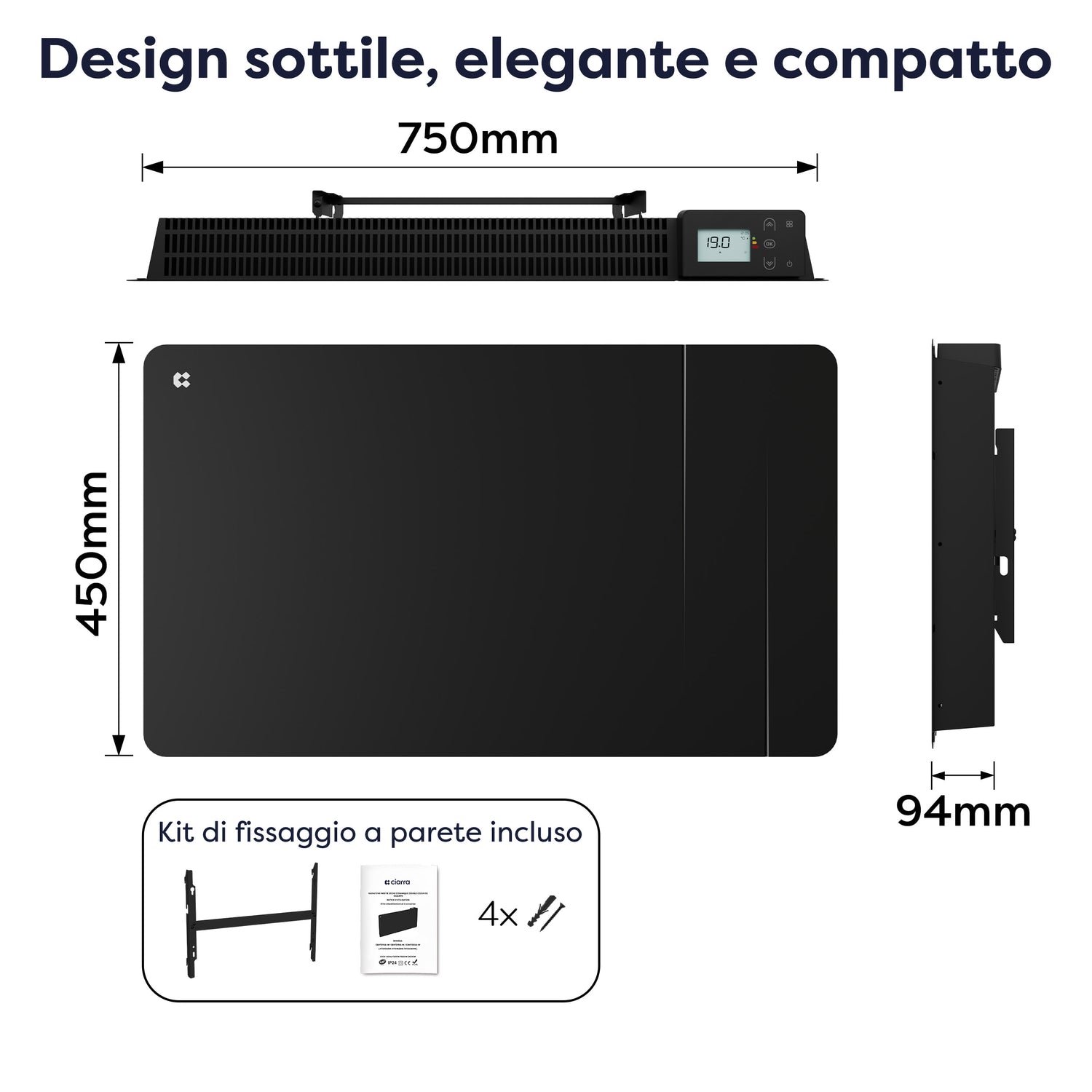 Dimensioni radiatore elettrico CIARRA nero 75 x 9,4 x 45 cm