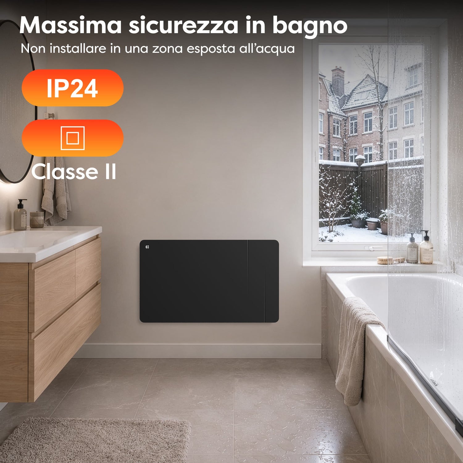 Radiatore elettrico IP24 CIARRA adatto al bagno secondo installazione corretta