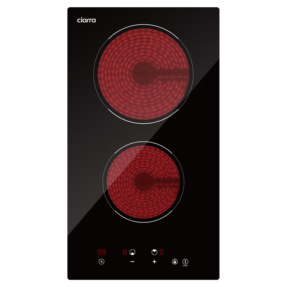 Ciarra Piano cottura in vetroceramica da incasso 29 cm con 2 zone, controllo touch, blocco bambini, piano cottura elettrico da 3000 W, CRGDBCH302T-OW