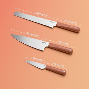 Ciarra Beyond Trio Knife Set con scatola regalo, con coltello da chef, coltello da pane seghettato e coltello multiuso, acciaio inossidabile ad alto tenore di carbonio con impugnatura ergonomica | Orangina